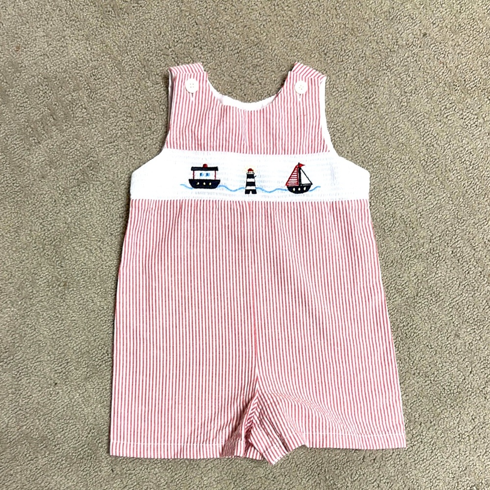 Red and White Striped Baby Romper Seersucker Smocked Boats 18m EUC Beach Jon Jon
